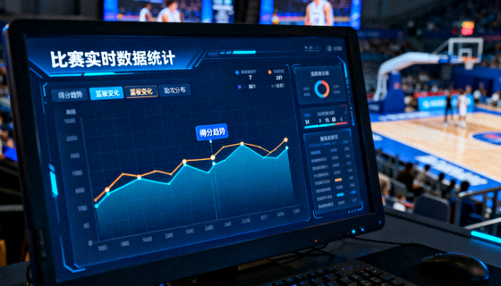 体育数据分析场景，屏幕上显示比赛统计图表与数据曲线